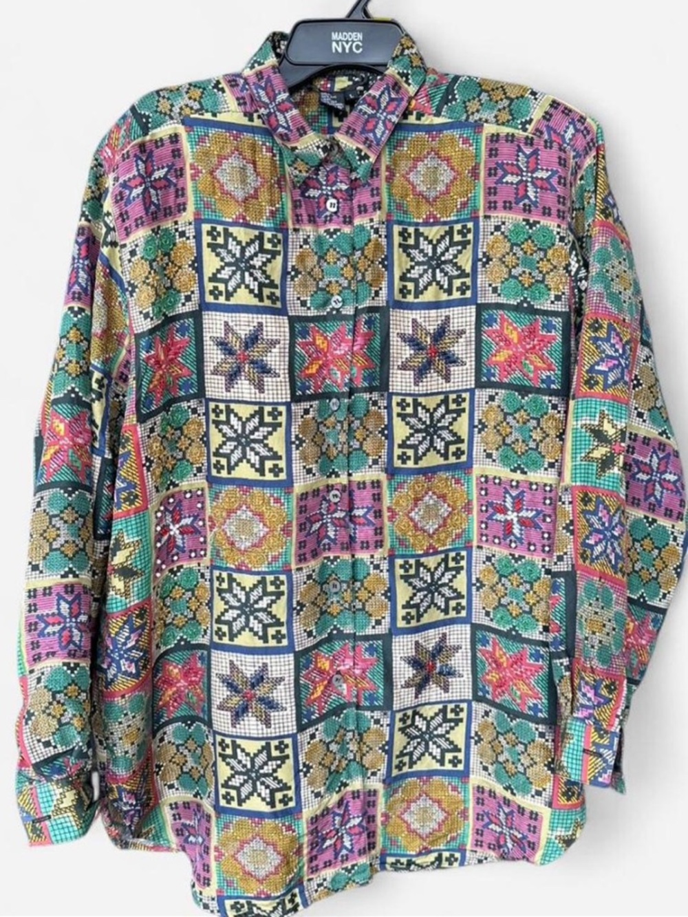 Multicolor Patchwork Button-Down Shirt — Teal, Pink, Yellow, Navy